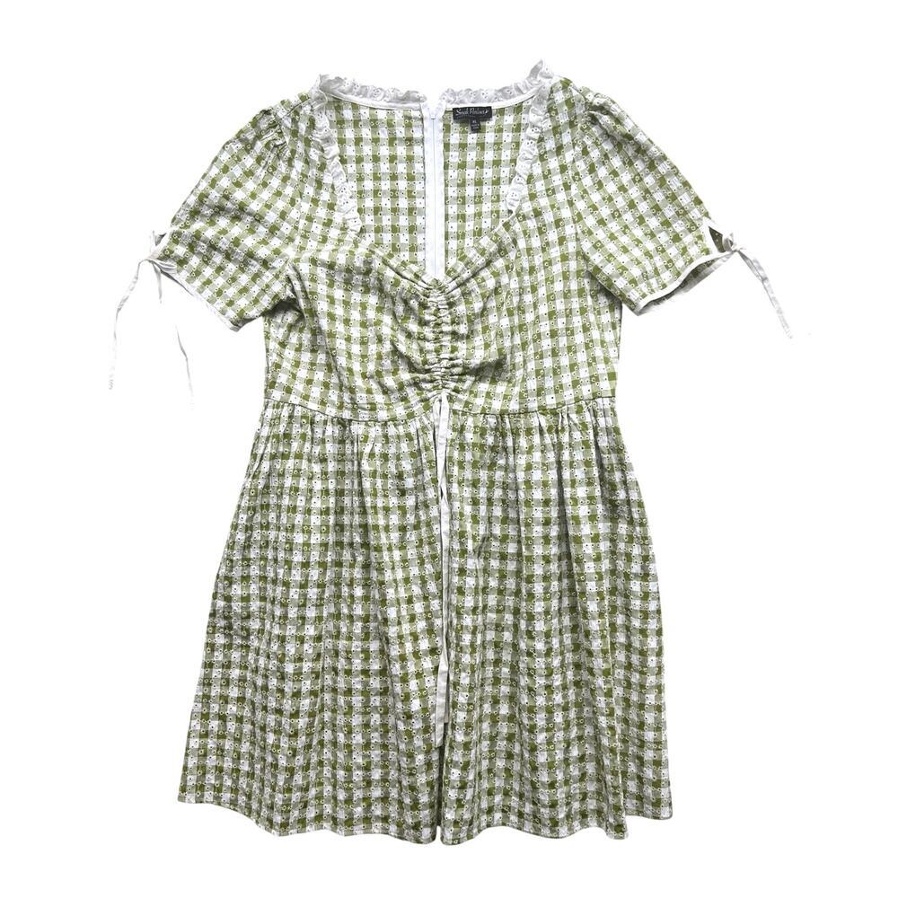 Smak Parlour Green Gingham Daisy Dress XL Ruched Milkmaid Cottagecore - Picture 2 of 7